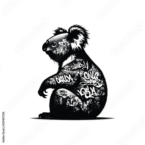 silhouette of Koala, filled with graffiti street wall in rough drawing,