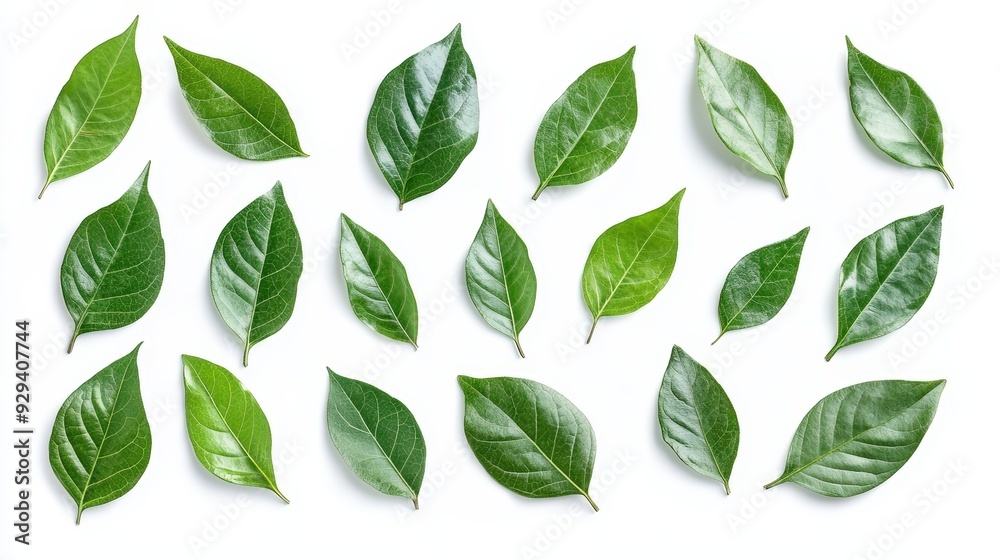 Naklejka premium Green Leaves Arranged Artistically, Isolated On White Background, Suitable For Nature And Eco-Friendly Products Advertisements . Generative ai