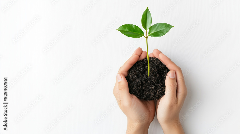 Hands hold soil with small green plant, symbolizing growth and nurturing nature against a clean white background. Hands hold soil with small green plant, symbolizing growth and nurturing nature against a clean white background.