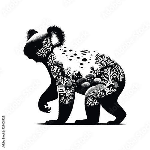 silhouette of Koala, filled with underwater view with coral in rough drawing,