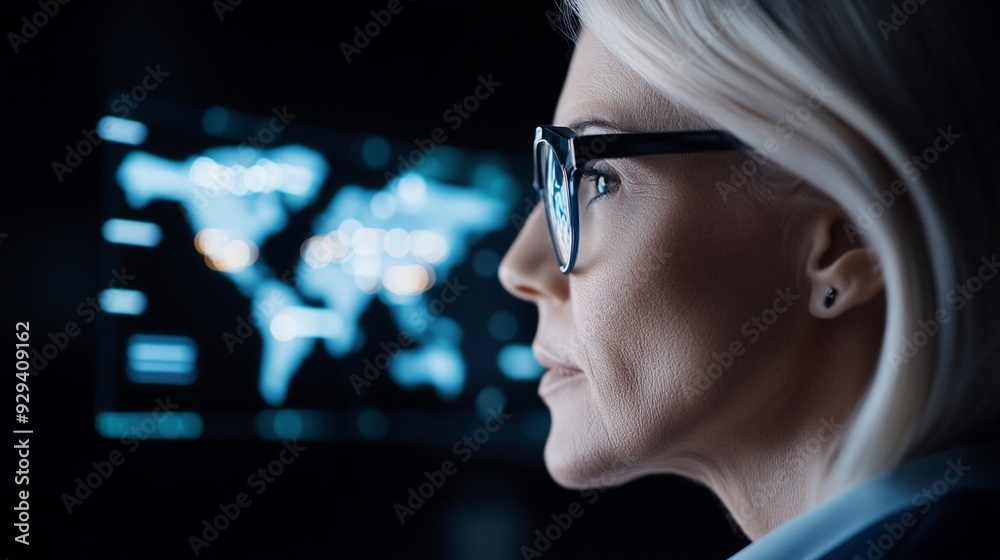 Senior American woman, stylish in smart-casual, immersed in app development at a tech incubator, sleek workspace with holographic displays Senior American woman, stylish in smart-casual, immersed in app development at a tech incubator, sleek workspace with holographic displays