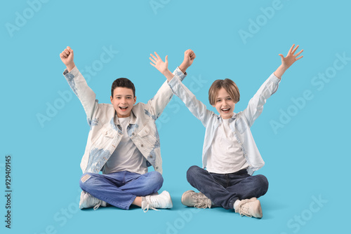Happy brothers sitting on b...