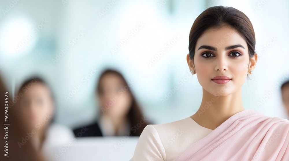 A young woman in a traditional sari leads a meeting in a vibrant, multicultural office, discussing export logistics with professionals of diverse ages and backgrounds