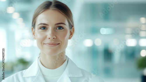 Energetic young American woman in a lab coat, introducing a biotech product, modern corporate office, innovative and forward-thinking vibe