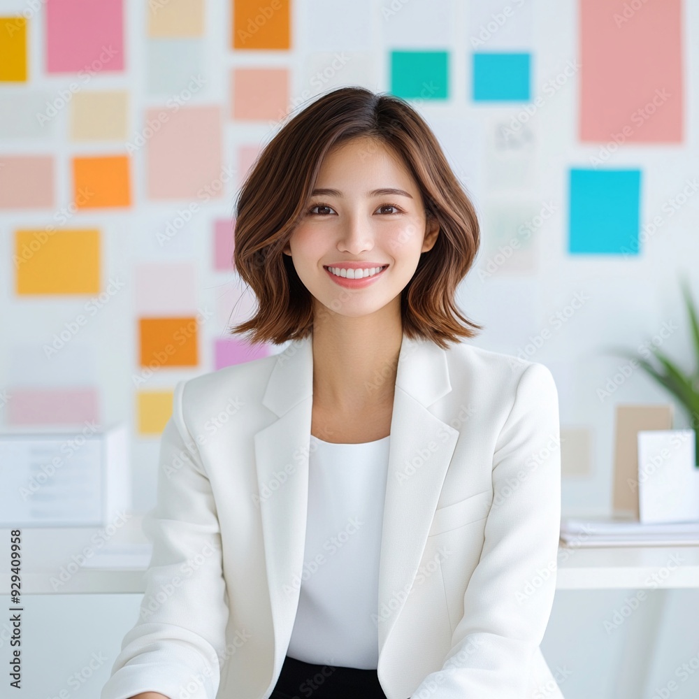 Asian woman in a casual blazer, sitting cross-legged in a vibrant workspace filled with colorful inspirational quotes, youthful and confident Asian woman in a casual blazer, sitting cross-legged in a vibrant workspace filled with colorful inspirational quotes, youthful and confident