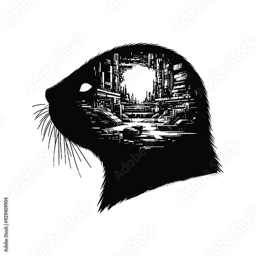 silhouette of Mole, filled with destroyed futuristic dystopia environment in rough drawing,