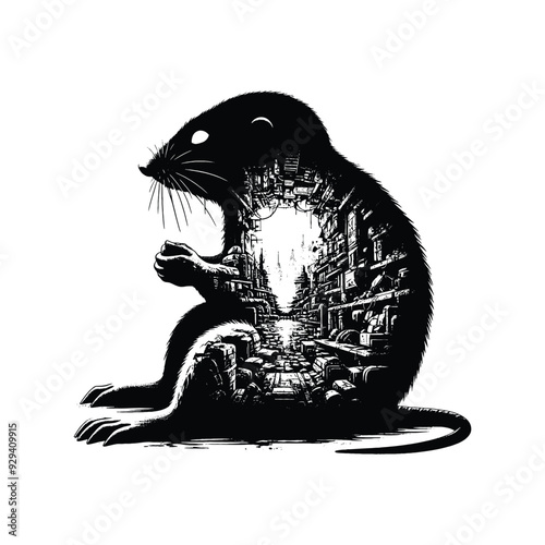 silhouette of Mole, filled with destroyed futuristic dystopia environment in rough drawing,