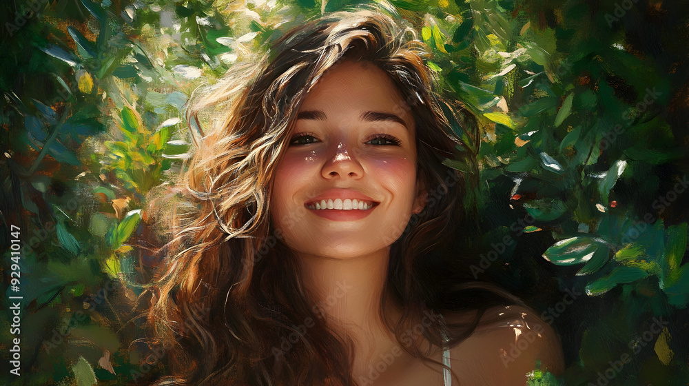A close-up portrait of a smiling woman with a background of lush, green foliage, bathed in soft, natural sunlight. A close-up portrait of a smiling woman with a background of lush, green foliage, bathed in soft, natural sunlight.