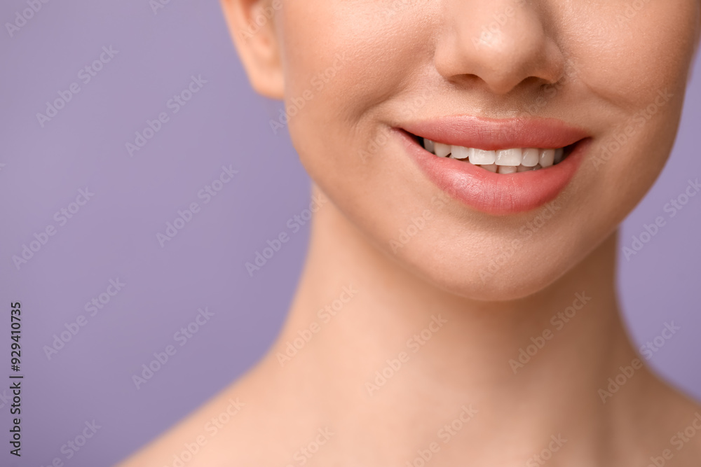 Smiling young woman with beautiful lips on lilac background, closeup Smiling young woman with beautiful lips on lilac background, closeup