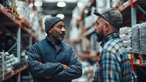 Warehouse manager talking with logistics employee in warehouse