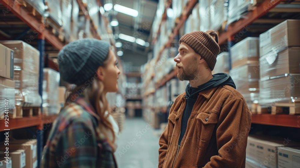 Warehouse manager talking with logistics employee in warehouse Warehouse manager talking with logistics employee in warehouse
