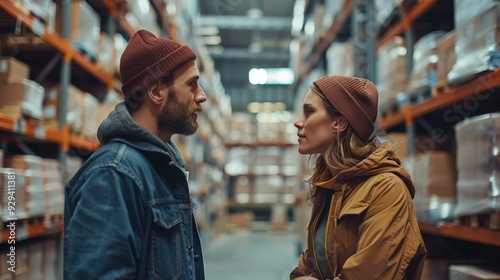 Warehouse manager talking with logistics employee in warehouse