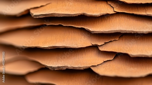 Close-up of shagbark hickory bark, emphasizing the long, peeling layers and rough texture, set against a blurred natural background photo