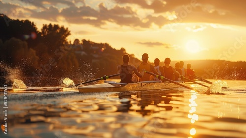 Fototapeta Naklejka Na Ścianę i Meble -  A group of people rowing a boat across a lake during sunset