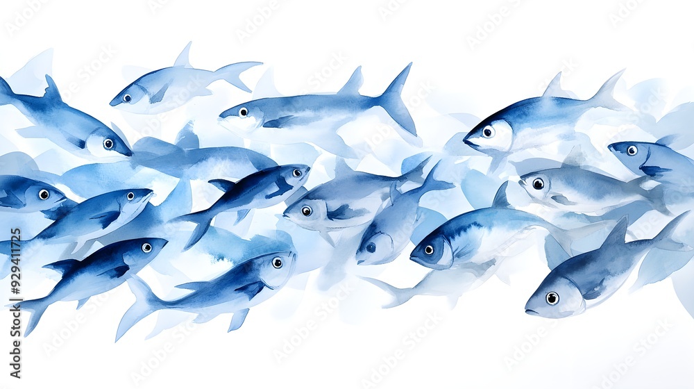 Fototapeta premium A dynamic shoal of fish, dancing through the open sea, their metallic scales catching the light, rendered in expressive watercolor