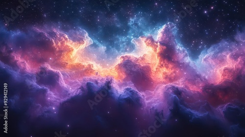 cosmic scene of swirling nebula clouds in deep purples and blues distant galaxies twinkling in vast expanse of space