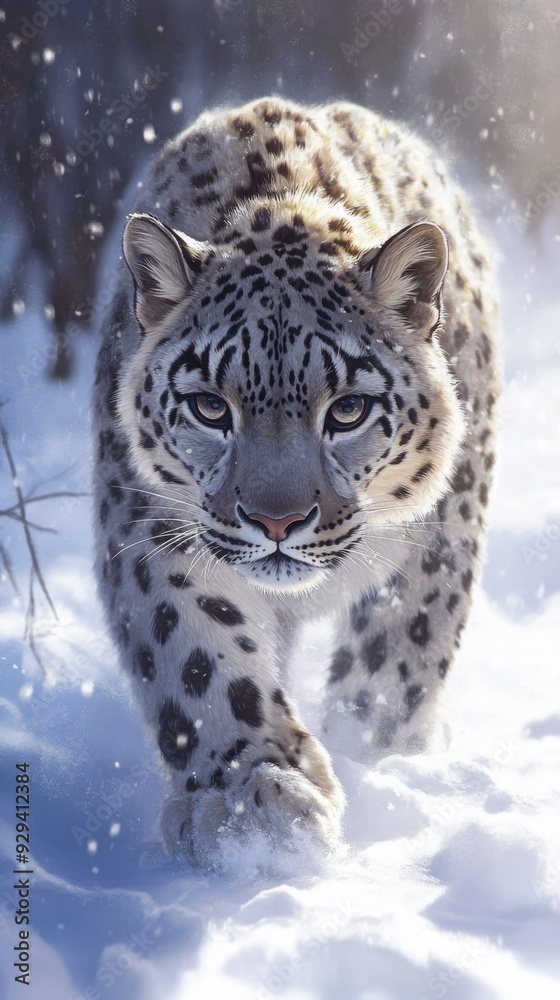 Fototapeta premium Enchanted anime-style Snow Leopard on Winter's White Snow: A Majestic Vision for Christmas and New Year 2025 Holiday Marketing Creatives,Anime-Style,illustration,Picture BooksFor Poster,Novel,UI,WEB,G