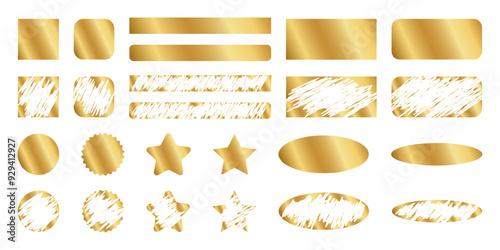 Set of golden scratchcard surfaces in square and circle, rectangle and oval, star forms with new and scraped textures. Raffle, sale coupon or promo code card templates. Vector illustration.