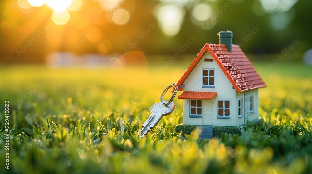 A miniature house with a key on grass, symbolizing home ownership and real estate. A miniature house with a key on grass, symbolizing home ownership and real estate.