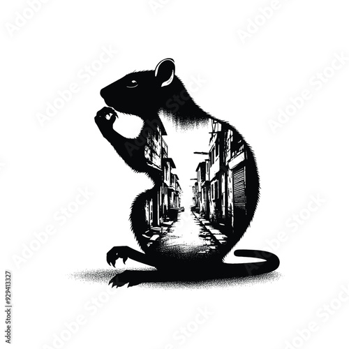 silhouette of Numbat filled with ghetto street in rough drawing,