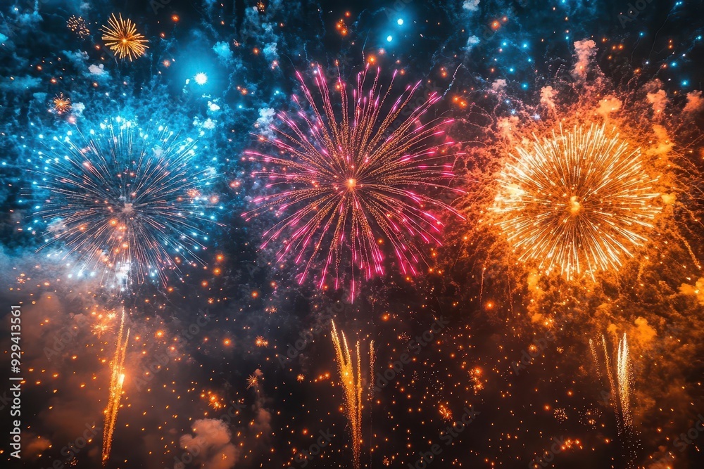 Fototapeta premium dazzling fireworks explode across night sky painting celestial canvas with vibrant streaks of light glittering particles cascade downward heralding joyous new year celebrations