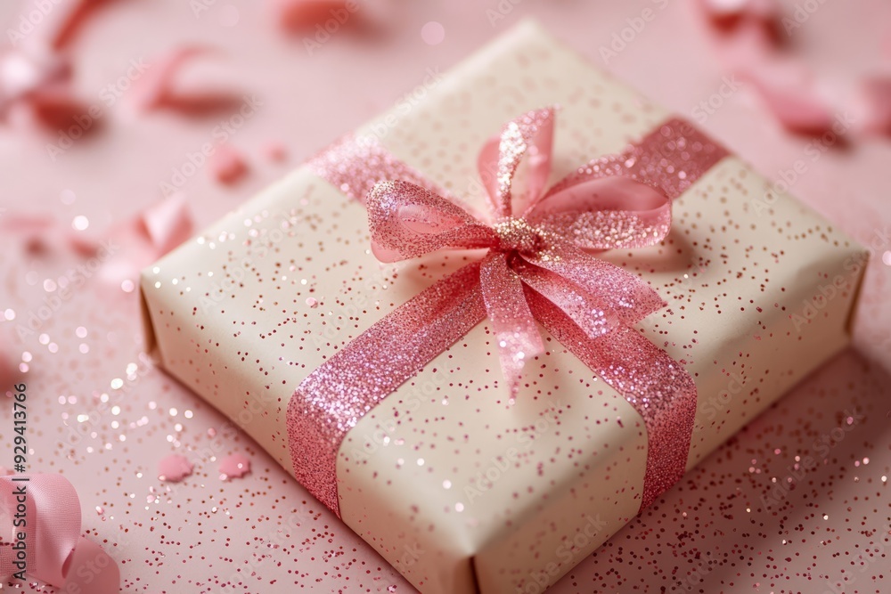 A beautifully wrapped gift with a pink glitter ribbon on a soft pink background adorned with petals and sparkles A beautifully wrapped gift with a pink glitter ribbon on a soft pink background adorned with petals and sparkles