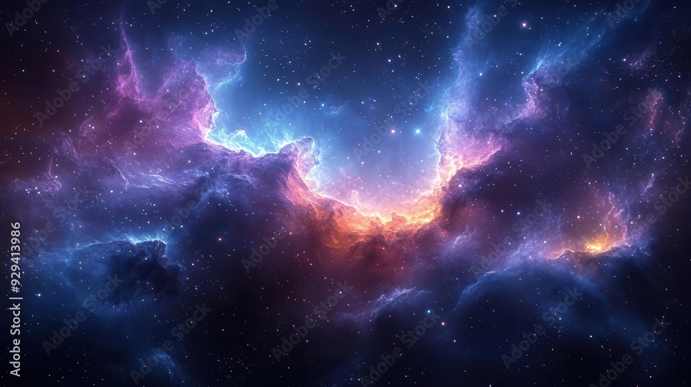 Fototapeta premium deep space nebula with swirling blue and purple cosmic clouds dotted with brilliant stars creating ethereal and mysterious galactic landscape