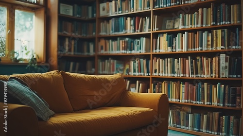 Bookshelves in the library Large bookcase with lots of books Sofa in the room for reading books Library or shop with bookcases Cozy book background Bookish bookstore bookshop : Generative AI