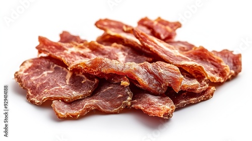 Meat Jerky Isolated Dry Salted Chicken Slices Small Pieces of Dehydrated Beef Beer Snacks Dried Pork Fillet Dog Snack Jerkies on White Background : Generative AI