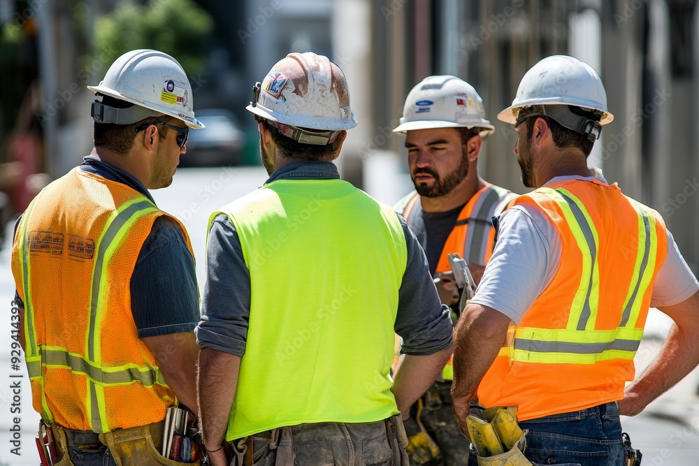 Construction workers in discussion, four workers having a meeting on the construction site