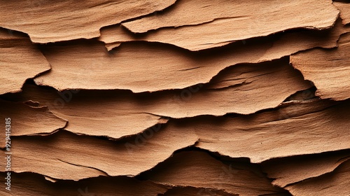 Detailed close-up of shagbark hickory bark, showcasing long, peeling strips and a rugged texture, capturing the intricate details of its unique surface photo