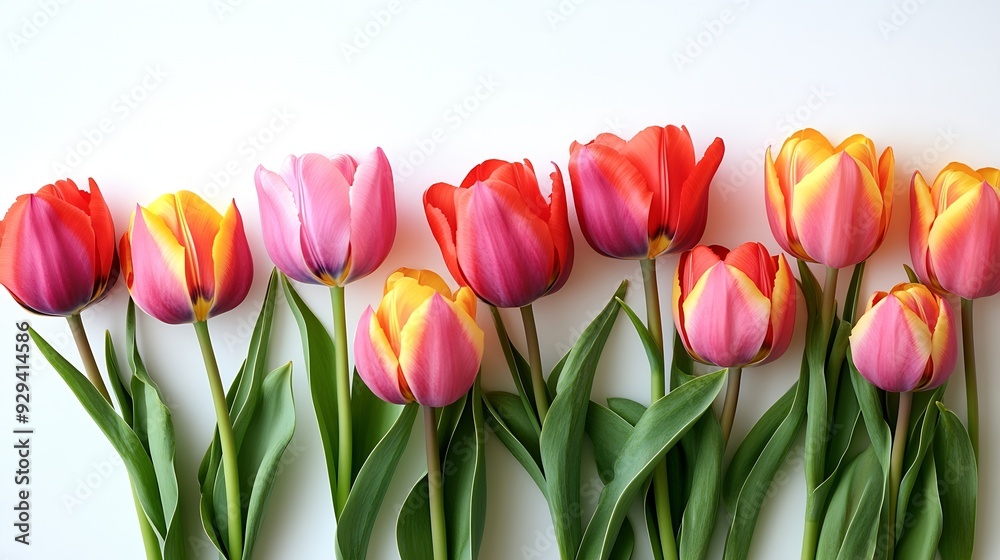 Fototapeta premium Colorful tulips flowers isolated on white background Floral banner Greeting card Valentines day 8 march Womens day Mothers day top view : Generative AI