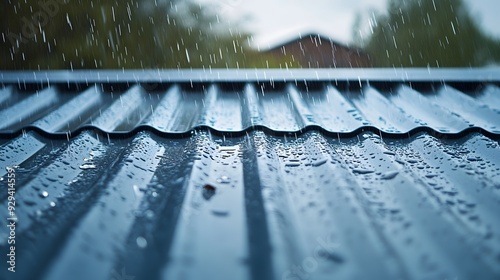 Rain Falling on Corrugated Metal Roof During Daytime