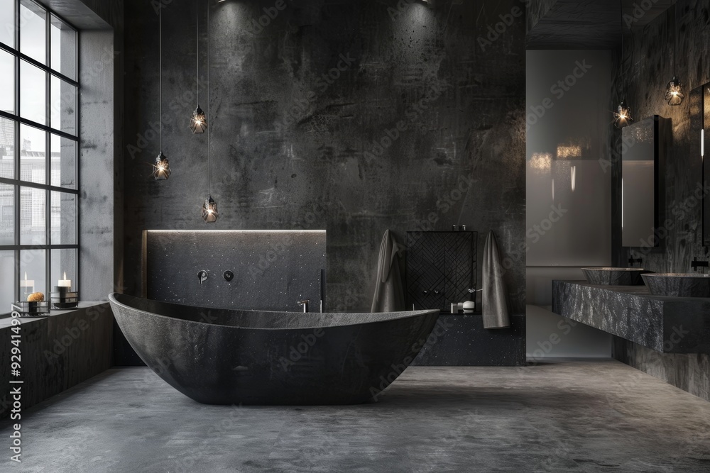 Modern bathroom design with a freestanding tub and minimalist decor in soft natural lighting Modern bathroom design with a freestanding tub and minimalist decor in soft natural lighting