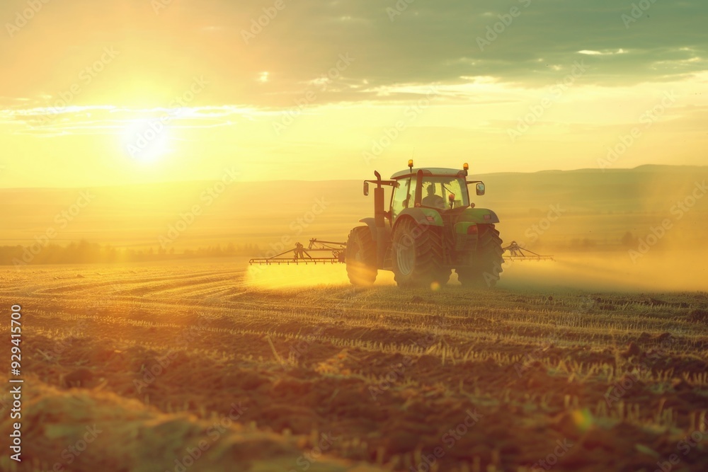 A tractor working in a field during golden hour, suitable for agricultural or rural themed projects A tractor working in a field during golden hour, suitable for agricultural or rural themed projects