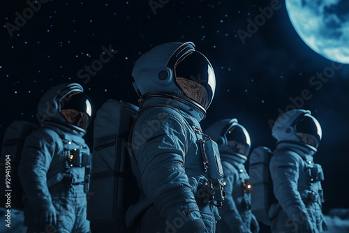 Four astronauts in spacesuits stand on the moon under the starry sky and a bright full Earth, gazing into the distance.