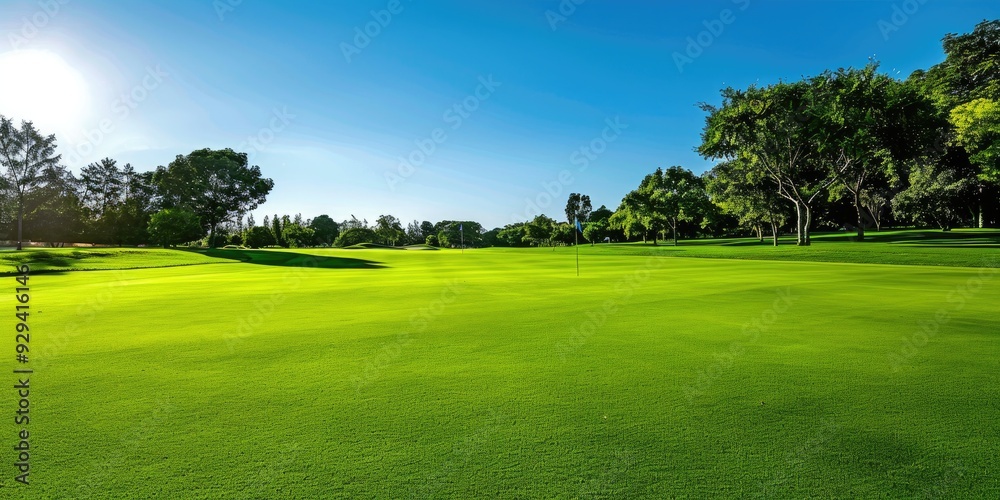 Lush green golf course set against a backdrop of clear blue sky Lush green golf course set against a backdrop of clear blue sky