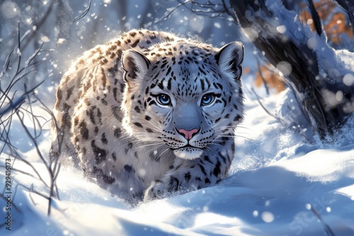 Enchanted anime-style Snow Leopard on Winter's White Snow: A Majestic Vision for Christmas and New Year 2025 Holiday Marketing Creatives,Anime-Style,illustration,Picture BooksFor Poster,Novel,UI,WEB,G photo