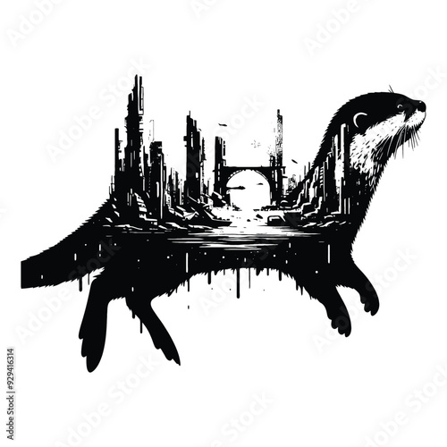 silhouette of otter, filled with destroyed futuristic dystopia environment in rough drawing,