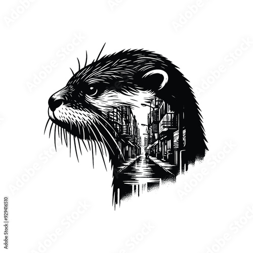 silhouette of otter, filled with ghetto street in rough drawing,