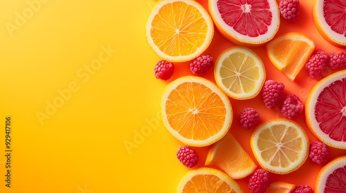 Minimalist composition of berry citrus punch, geometric fruit slices, flat lay, pop art style, bold contrasts, sharp lines.