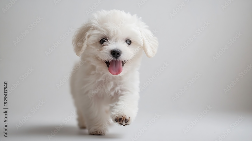 happy small bichon puppy sticking out tongue and panting while walking in front of white background in studio : Generative AI happy small bichon puppy sticking out tongue and panting while walking in front of white background in studio : Generative AI
