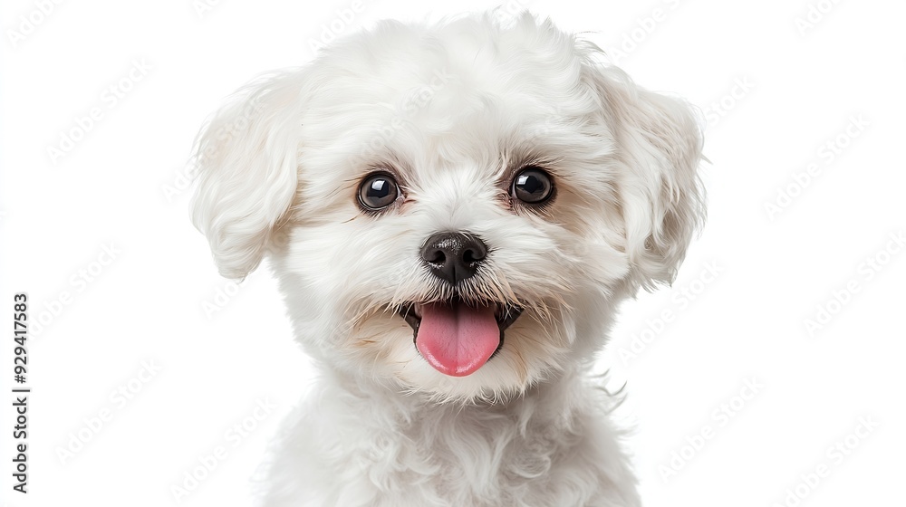 Obraz premium portrait of beautiful bichon puppy with fluffy fur sticking out tongue and looking forward in front of white background in studio : Generative AI