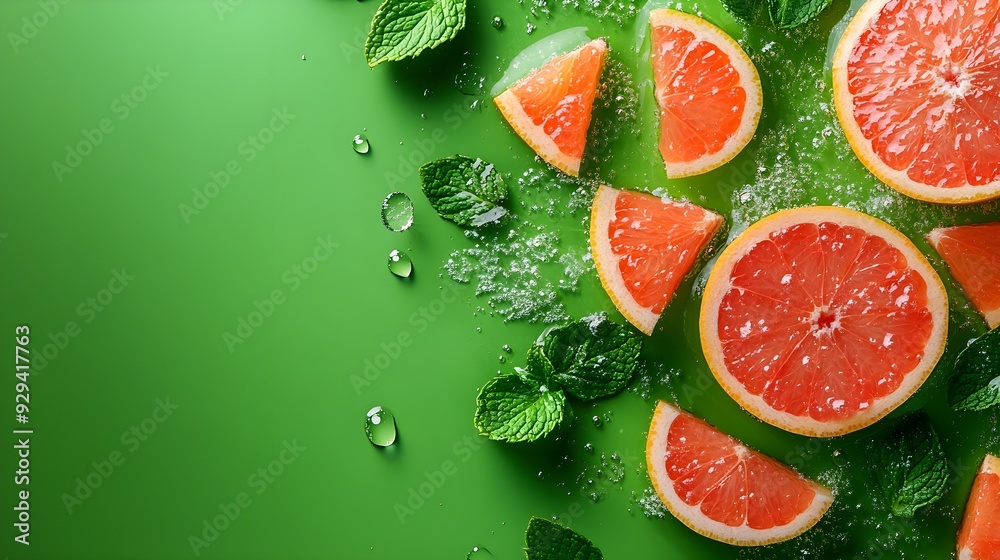 Slices of grapefruit and mint leaves floating in sparkling water, vibrant colors, top-down view, high contrast, sharp focus, minimalistic style.