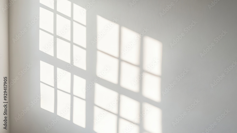 A soft shadow pattern of window panes on a white wall. A soft shadow pattern of window panes on a white wall.