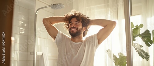 Man in a White T-shirt Smiling in a Bathroom