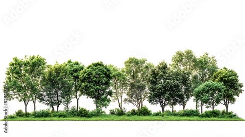 View of a High definition Treeline isolated on a white background : Generative AI