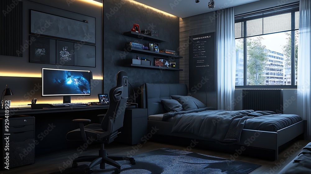 interior of a teenage boys room in black and gray colors : Generative AI interior of a teenage boys room in black and gray colors : Generative AI