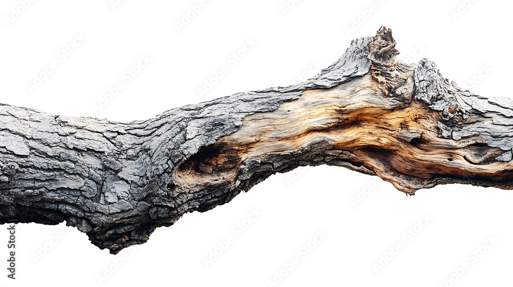 Fototapeta premium Dry branch of big dead tree with cracked dark bark stem Beautiful old tree isolated on white background Single old and dead tree on nature Alone wooden trunk forest in fall season chan : Generative AI