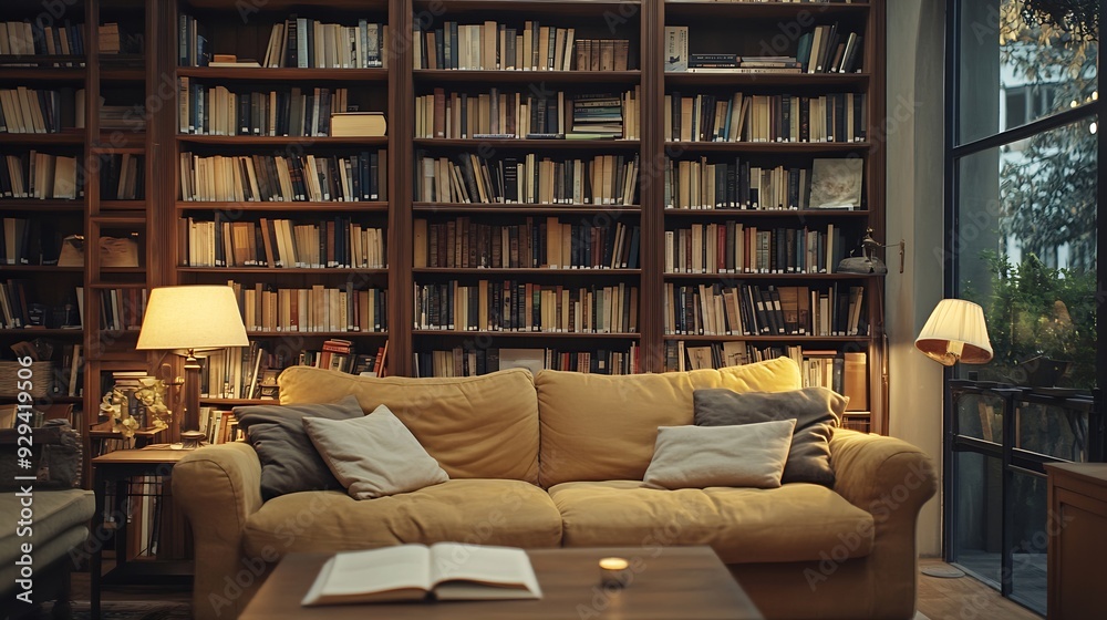 Bookshelves in the library Large bookcase with lots of books Sofa in the room for reading books Library or shop with bookcases Cozy book background Bookish bookstore bookshop : Generative AI Bookshelves in the library Large bookcase with lots of books Sofa in the room for reading books Library or shop with bookcases Cozy book background Bookish bookstore bookshop : Generative AI